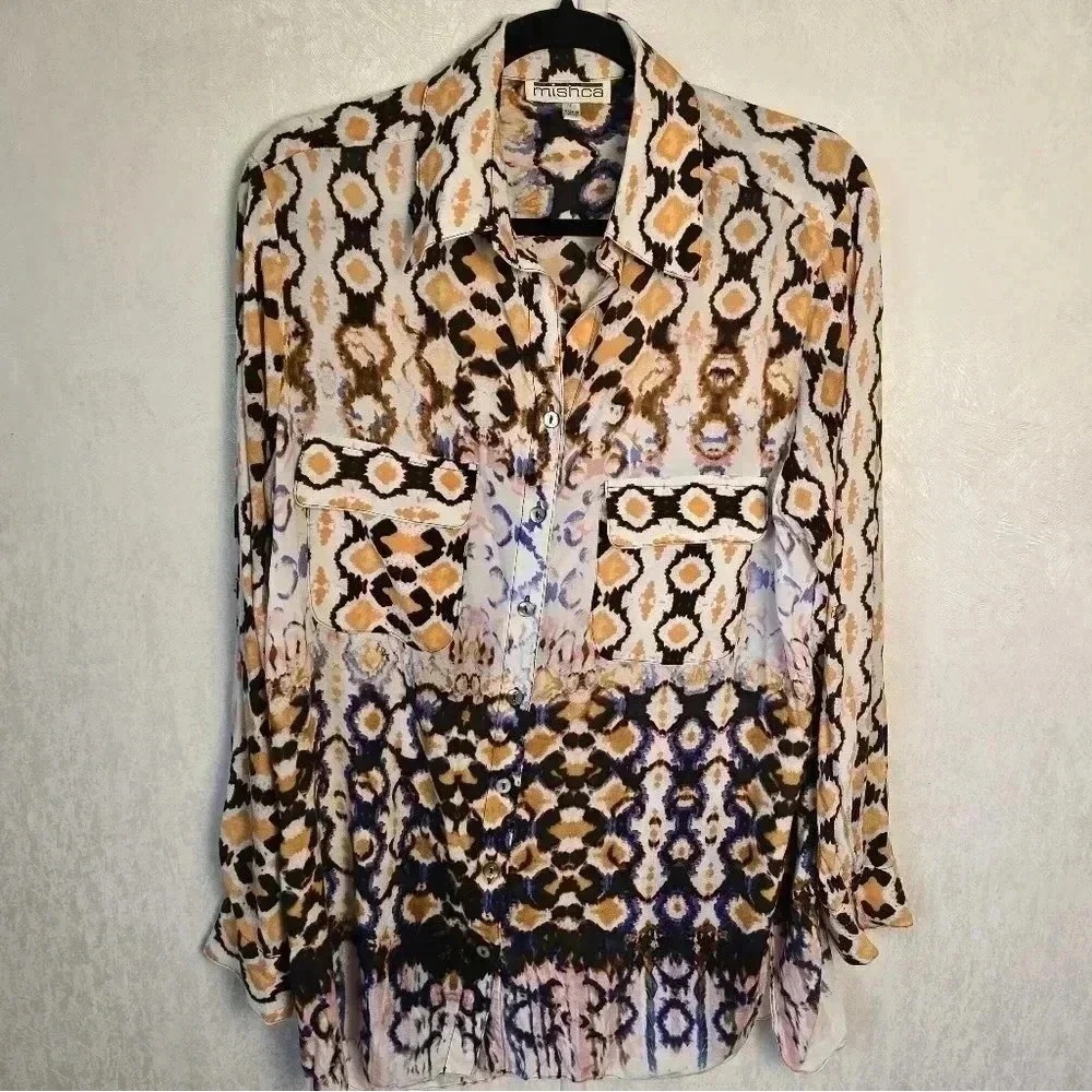Mishca Womens L Tie Dye Animal Print Long Sleeve Tunic Top Button Up Pockets